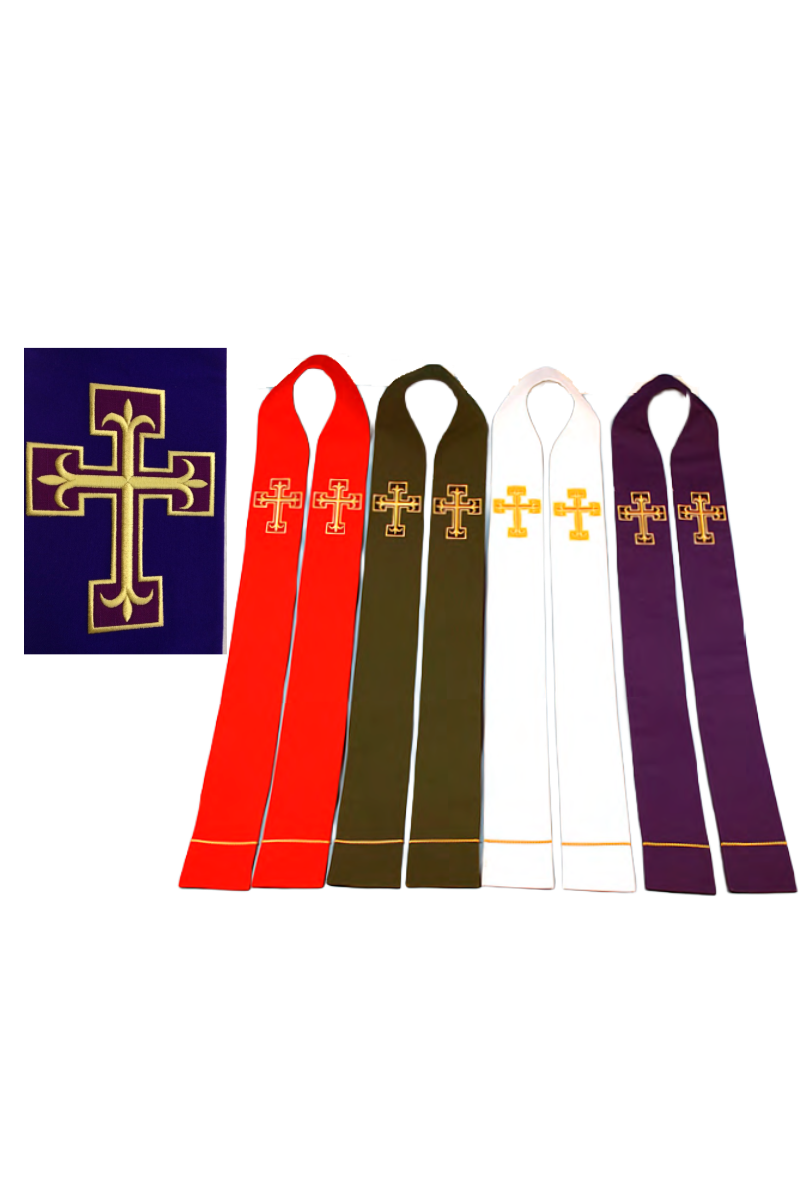Set of five colorful stoles with a cross design on a white background