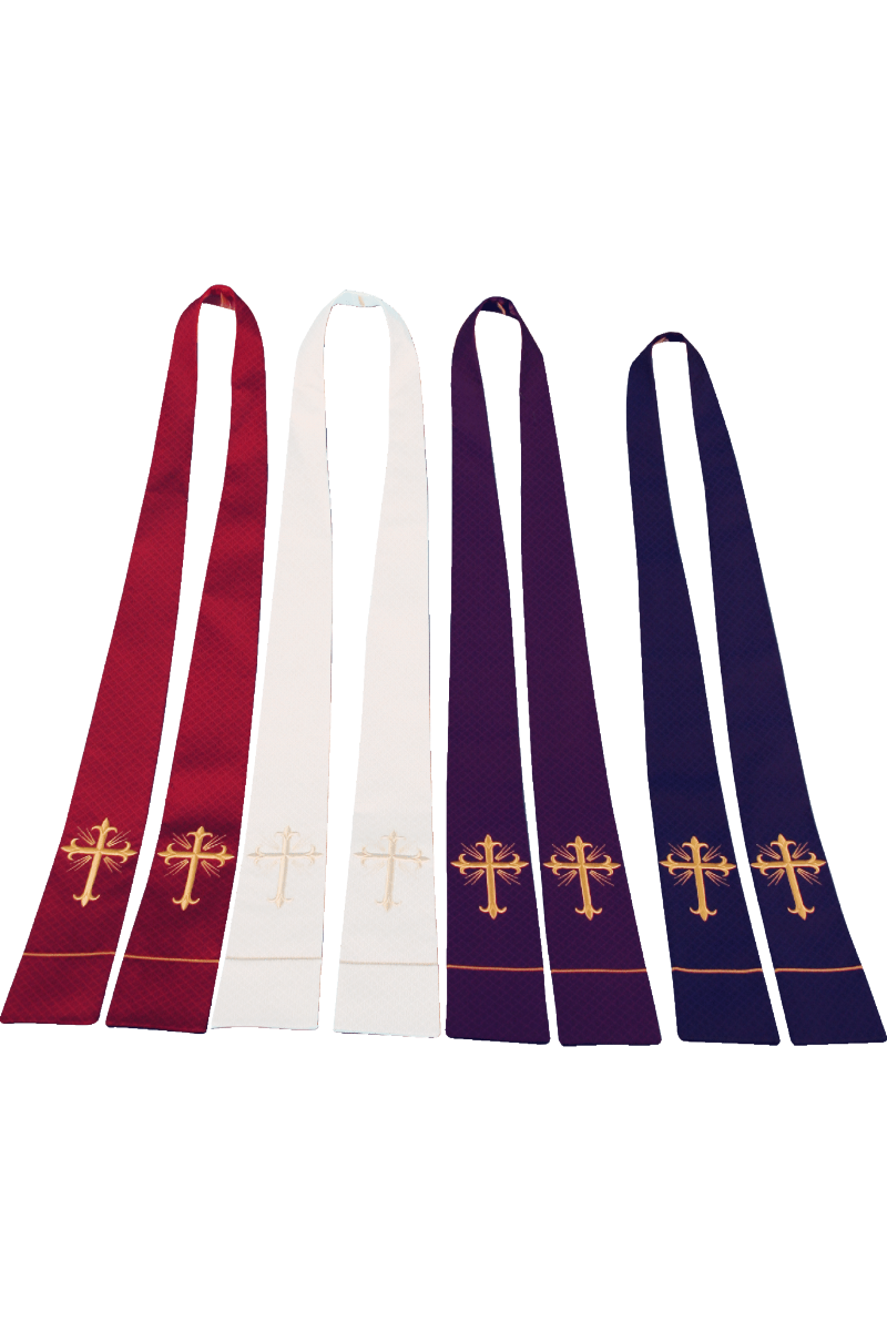 Four liturgical stoles with gold crosses on a white background