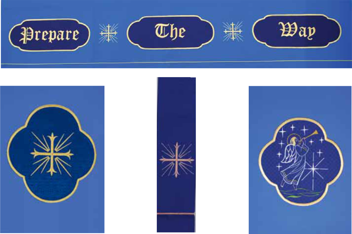 Blue fabric with gold and white designs and text on a blue background