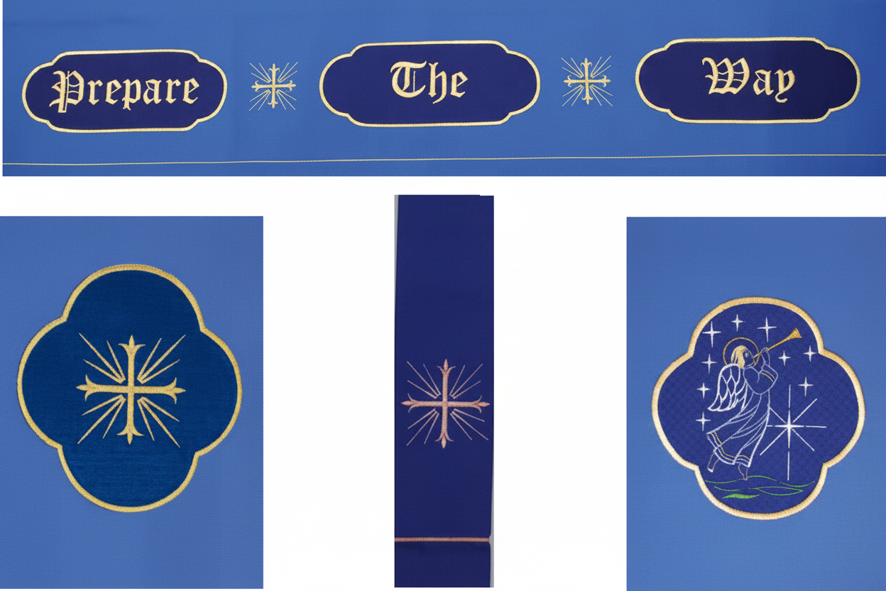 Blue fabric with gold and white designs and text on a blue background