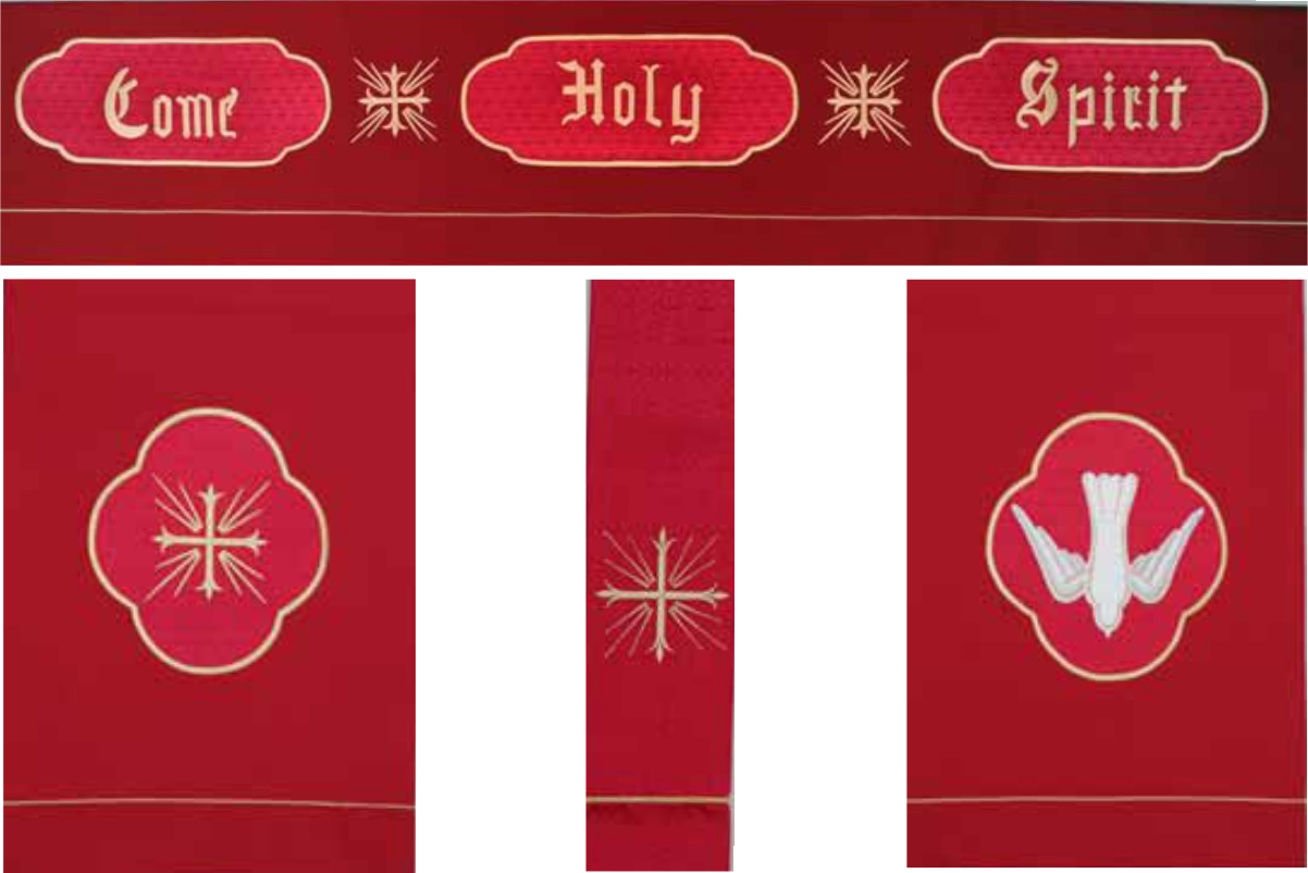 Red fabric with religious symbols and text, including a dove and cross.