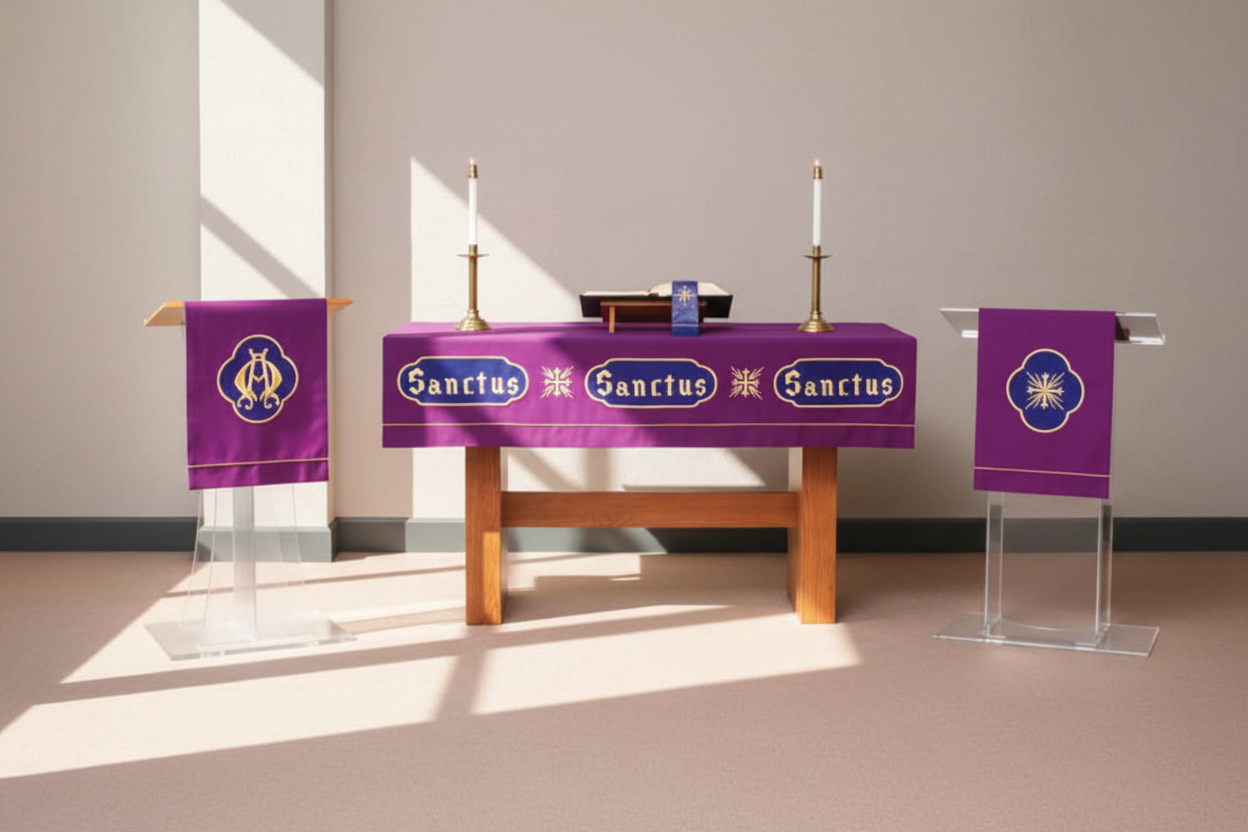Purple altar table with 'Sanctus' text, candles, and banners in a church setting.