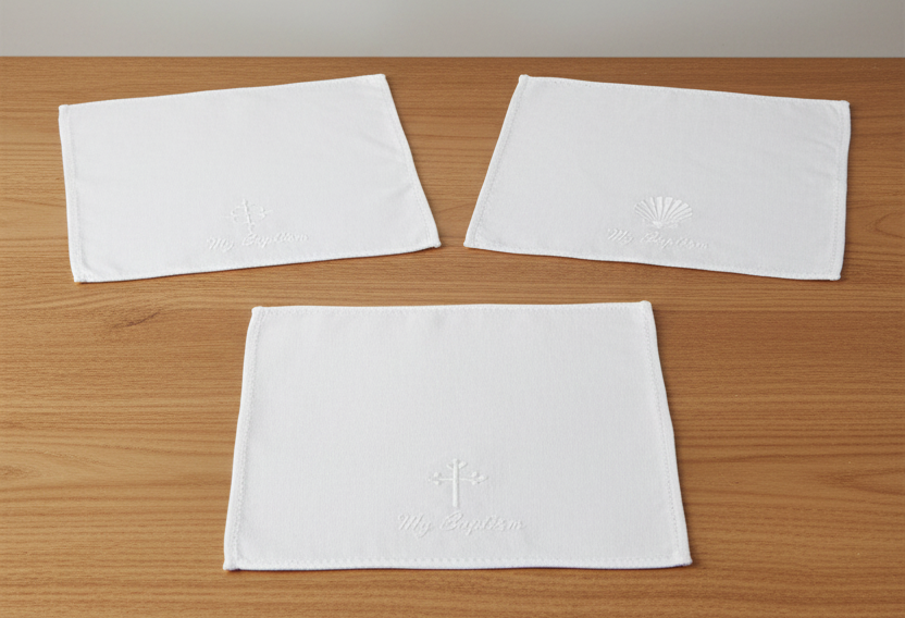 Three white fabric squares with embroidered designs on a teal background