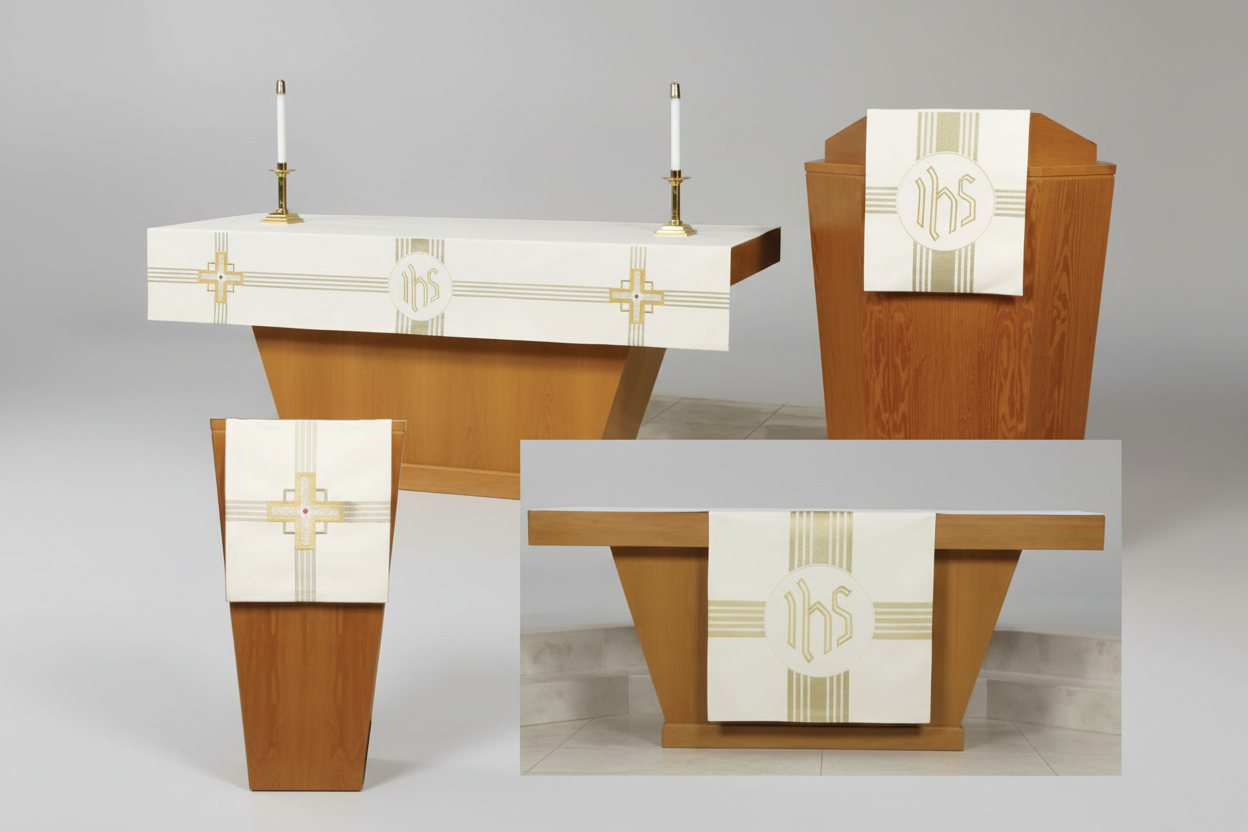 Wooden altar with white and gold liturgical vestments in a church setting
