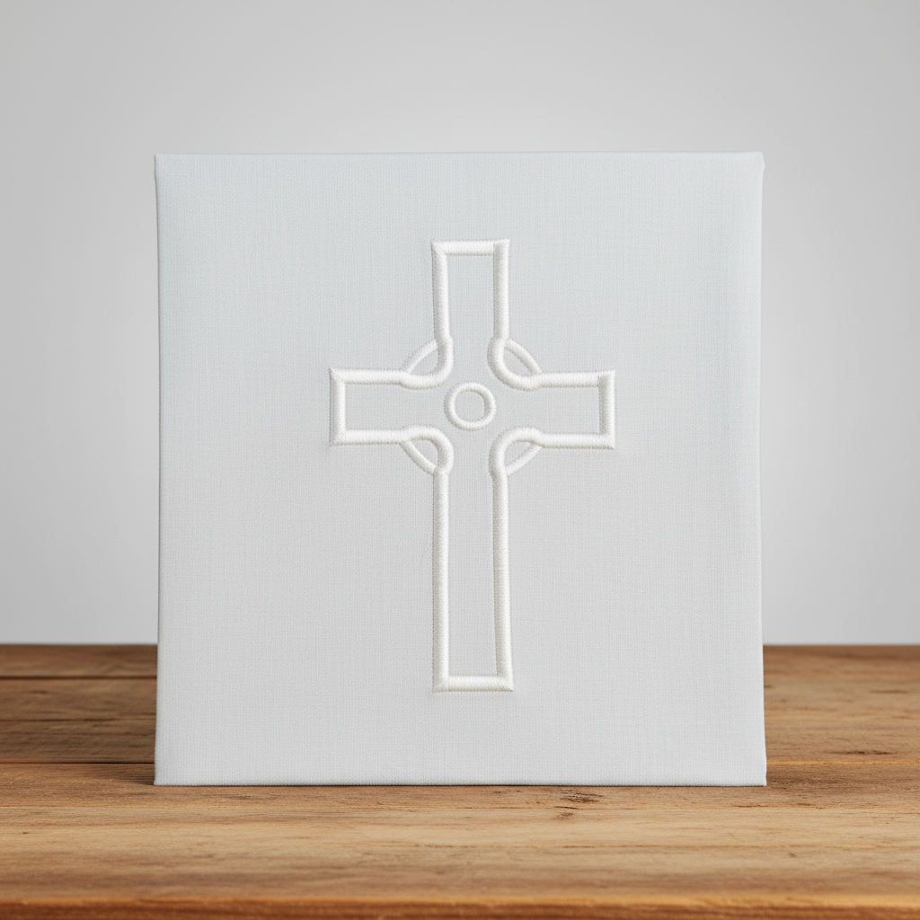 White cross design on a textured white cloth napkin