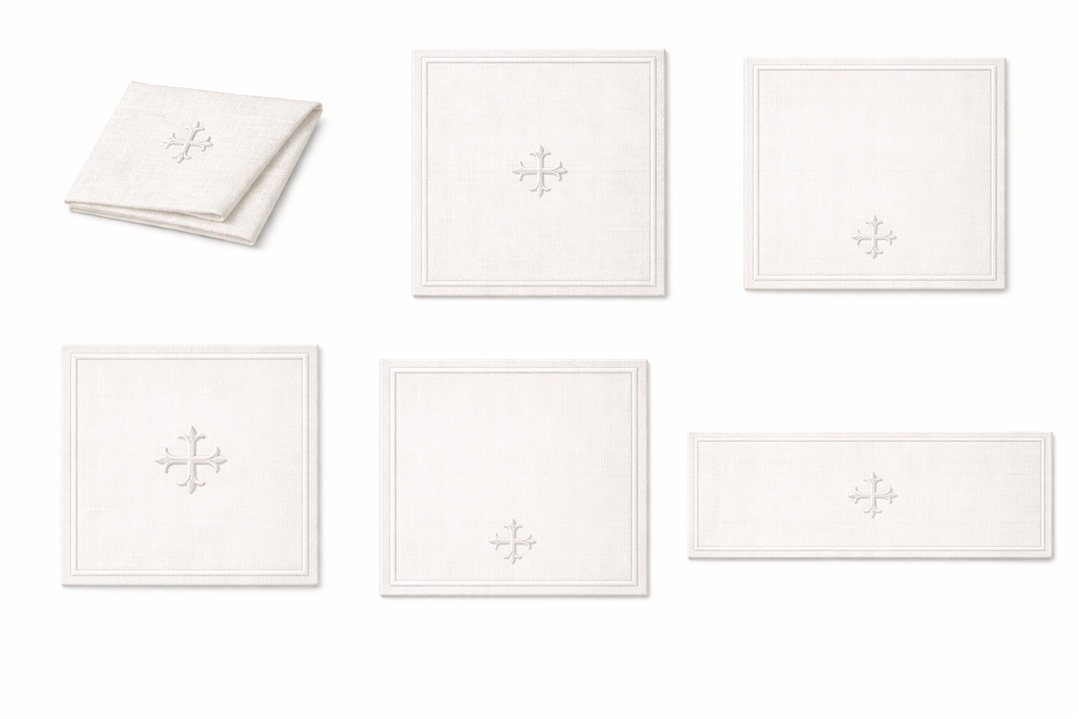 Set of white towels with a cross design on a white background
