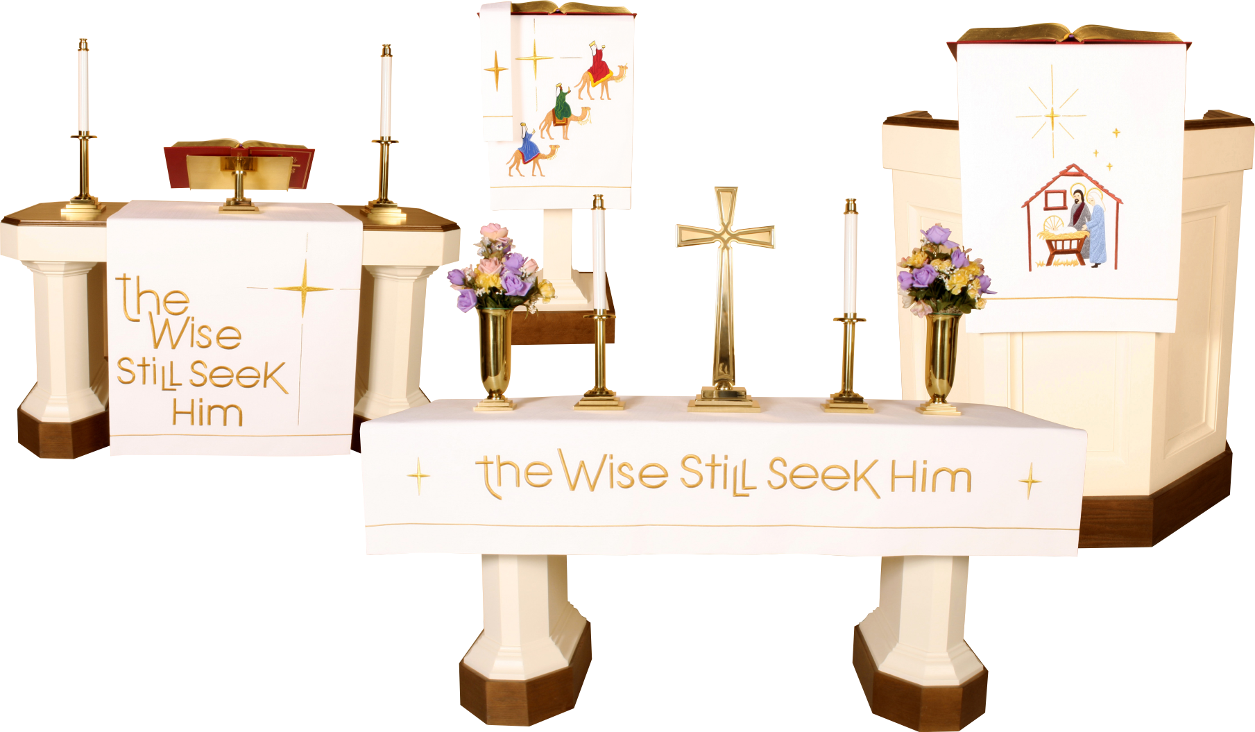 Decorative table setup with religious symbols and text on a white background