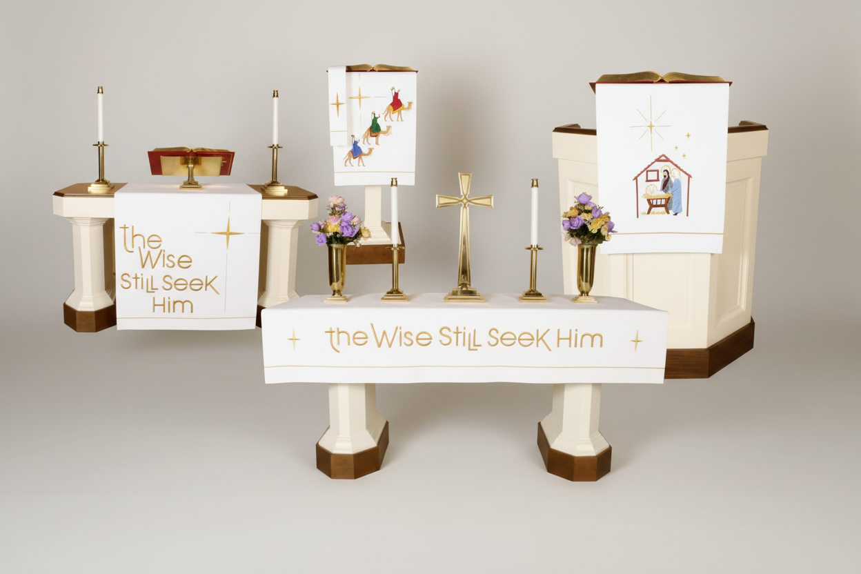 Decorative table setup with religious symbols and text on a white background