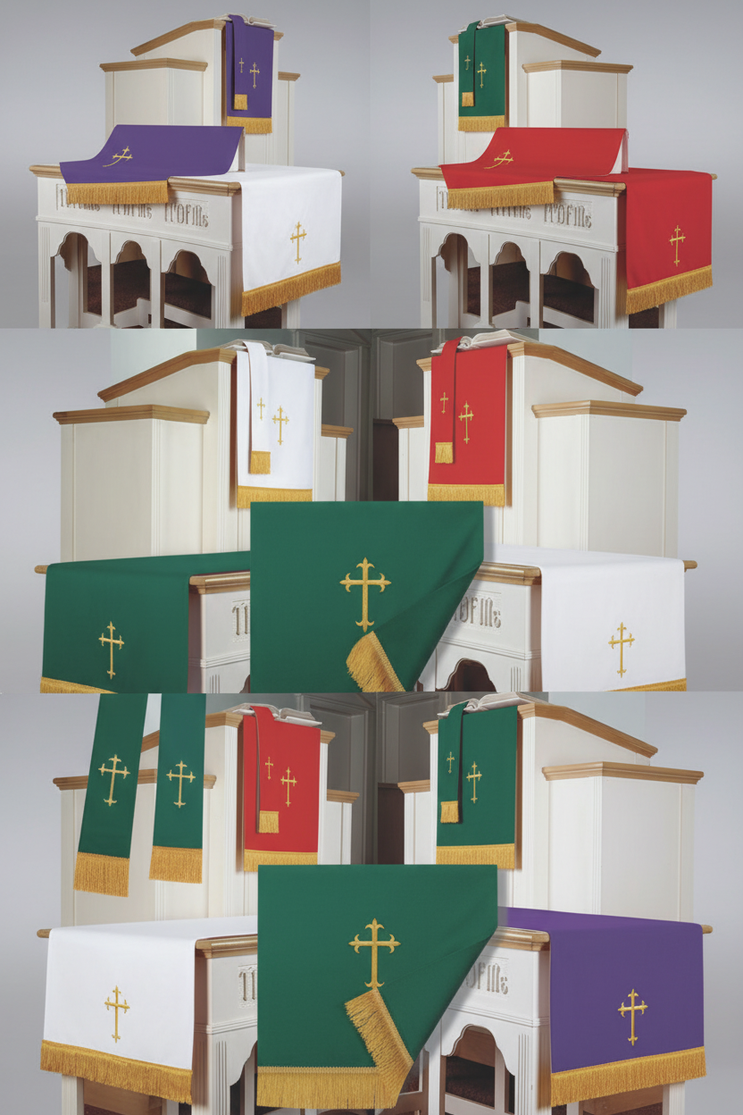 Set of church altar cloths in various colors with gold crosses on a white background.