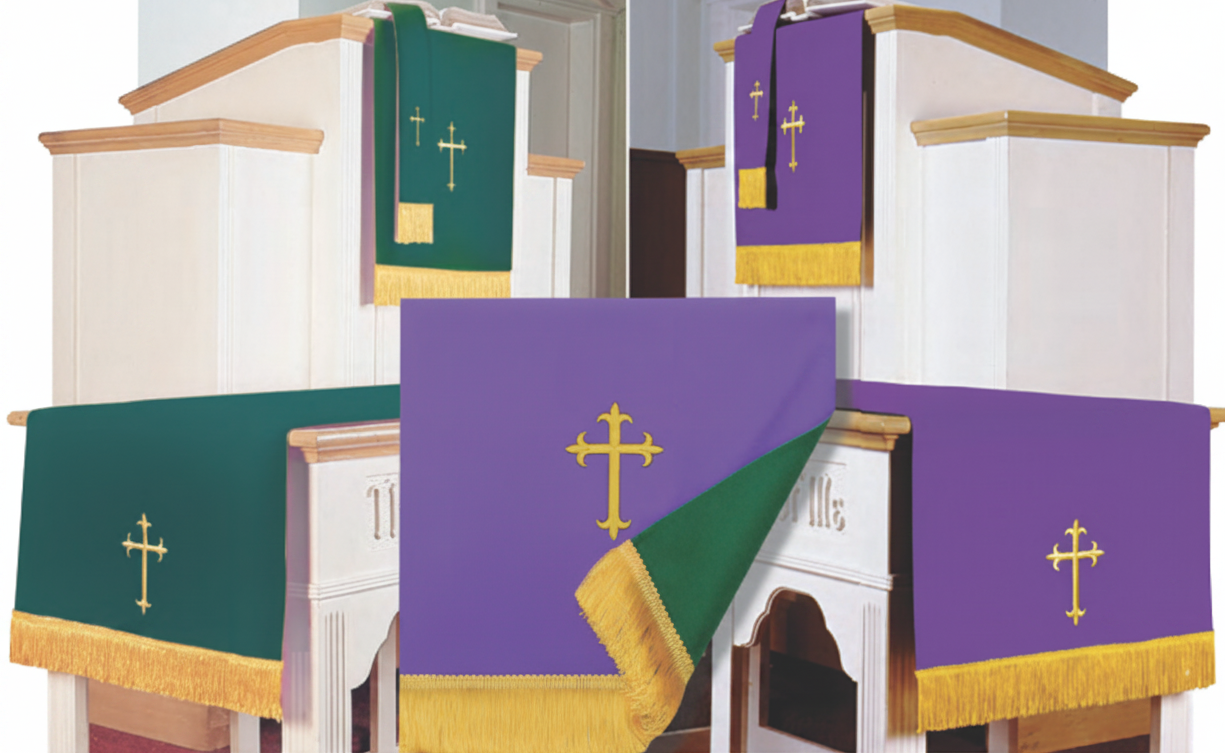 Set of church altar cloths with crosses in green, purple, and gold on a white background