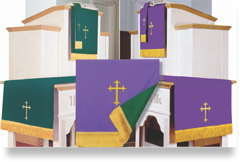 Set of church altar cloths with crosses in green, purple, and gold on a white background