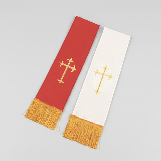 Two liturgical stoles with cross designs on a white background