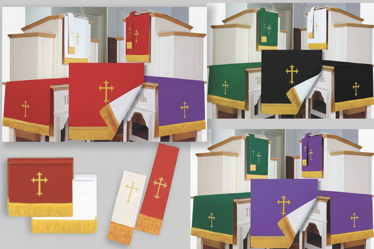 Set of church altar cloths in various colors with crosses, displayed against a white background.