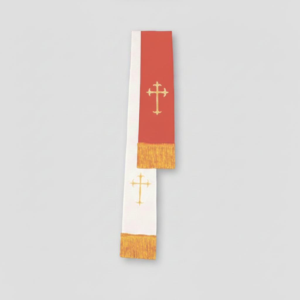 Ceremonial stole with red, white, and gold colors on a white background