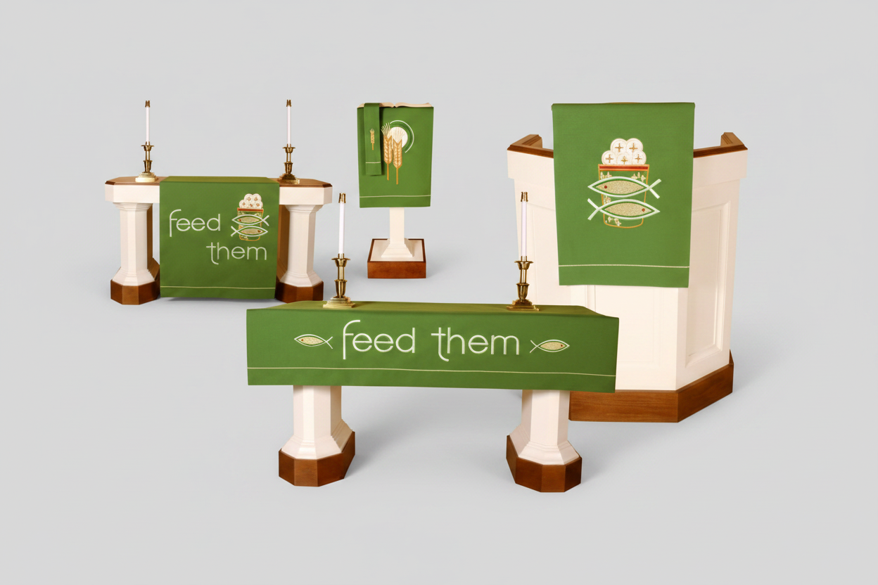 Eucharistic altar with green banners and 'feed them' text on a white background