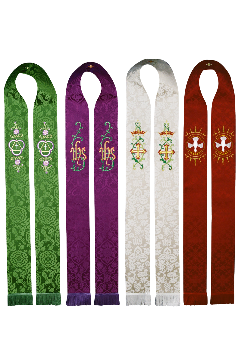 Set of five liturgical stoles in green, purple, white, and red with embroidered designs on a white background.
