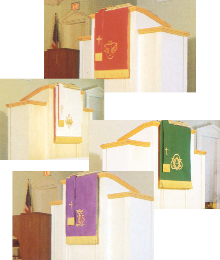 Set of four images showing pulpit covers in red, white, green, and purple with gold accents.