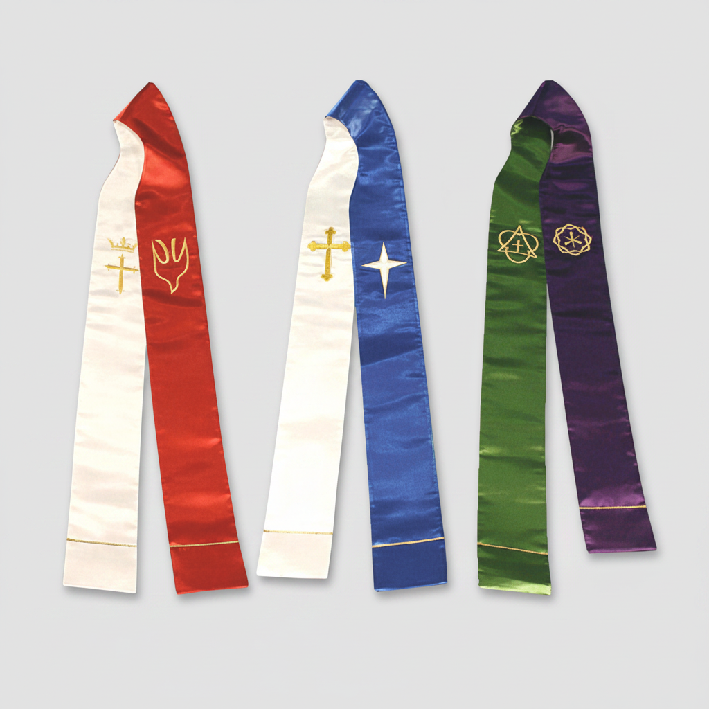Four colorful stoles with symbols on a white background
