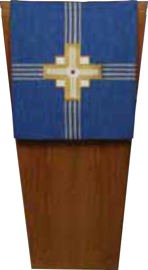 Blue cloth with a gold cross on a wooden stand