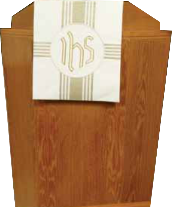 Wooden podium with a white towel featuring a logo on a white background