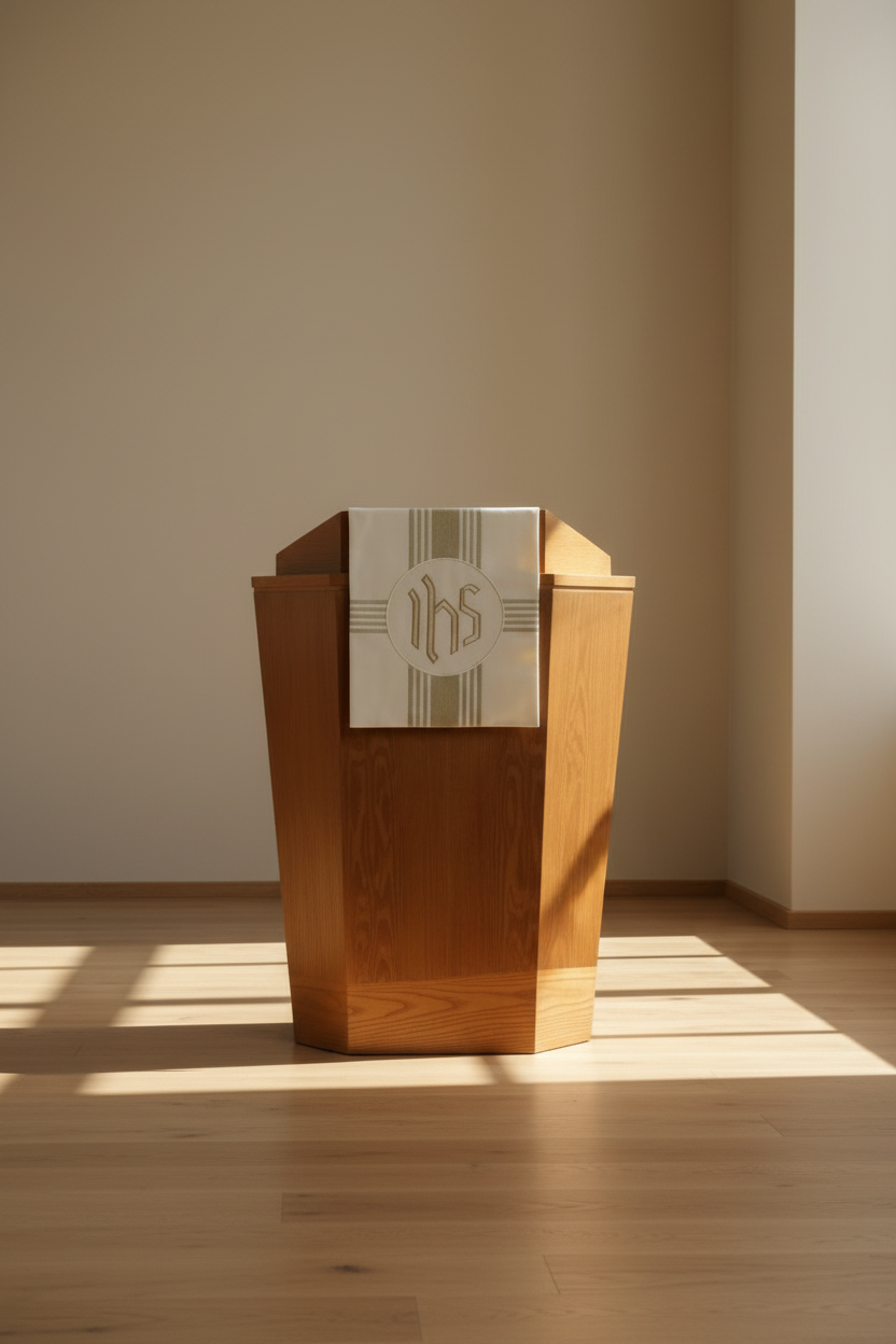 Wooden podium with a white towel featuring a logo on a white background
