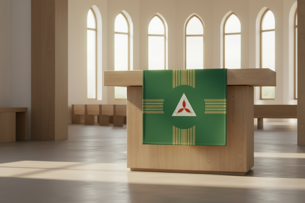 Wooden altar with a green cloth featuring a red triangle in a church setting