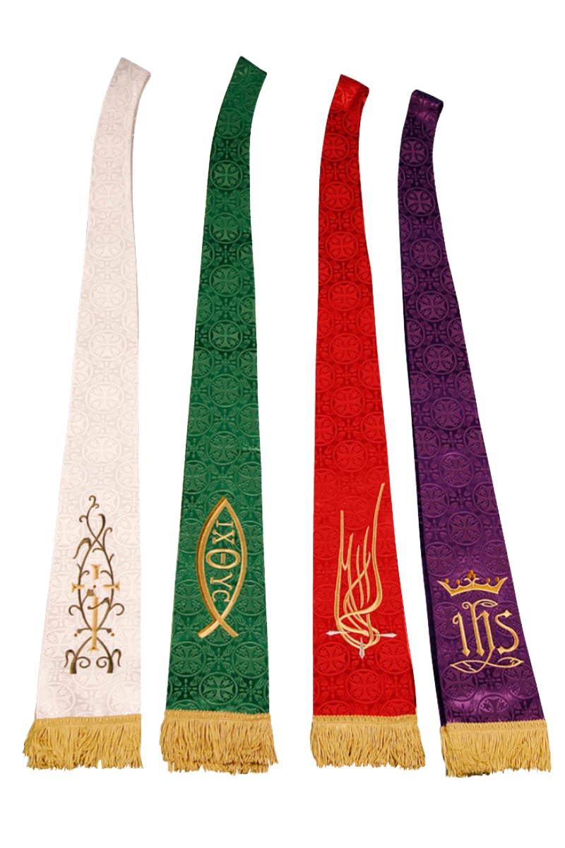 Four liturgical stoles in white, green, red, and purple with symbols at the end on a white background.