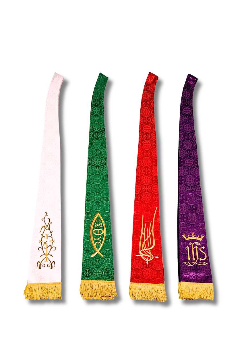 Four narrow decorative religious scarves or banners in white, green, red, and purple, each with gold fringe at the bottom and a gold religious symbol printed or woven vertically, shown on a plain white background.