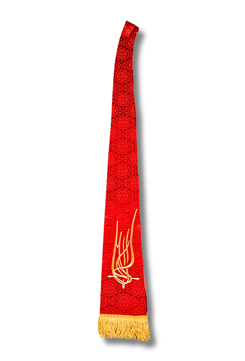 A red Islamic prayer scarf (khimar) featuring a gold Arabic calligraphy design of Ayat al-Kursi and a gold tassel fringe at the bottom, shown against a plain white background.