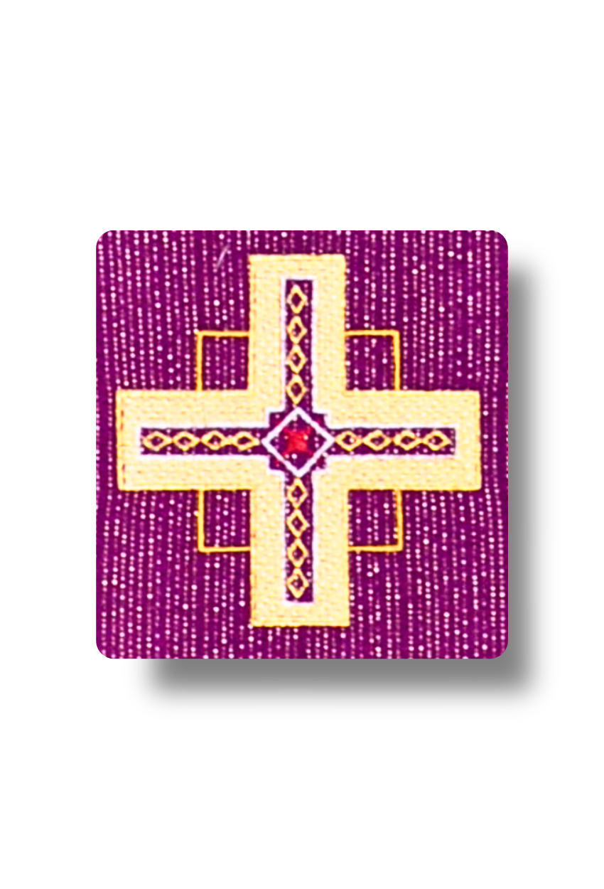 A square decorative plaque or tile featuring a stylized Latin cross with a red central jewel on a purple background with gold and white dotted patterns.