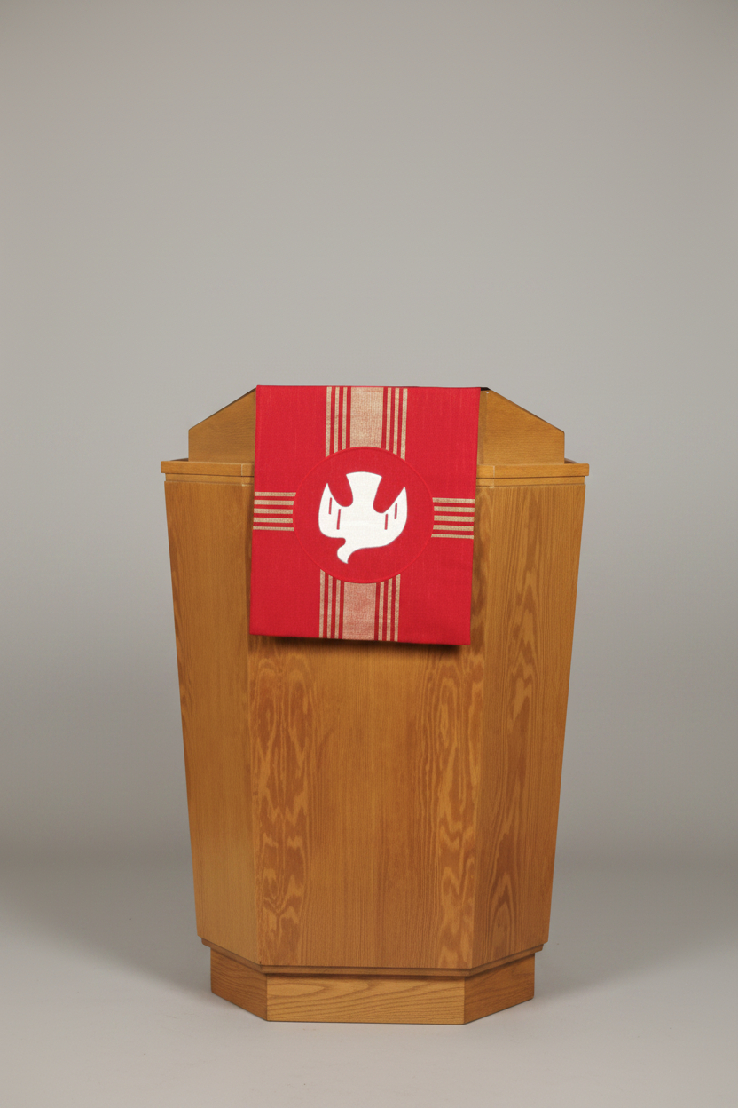 Wooden lectern with a red and beige banner featuring a white dove symbol.
