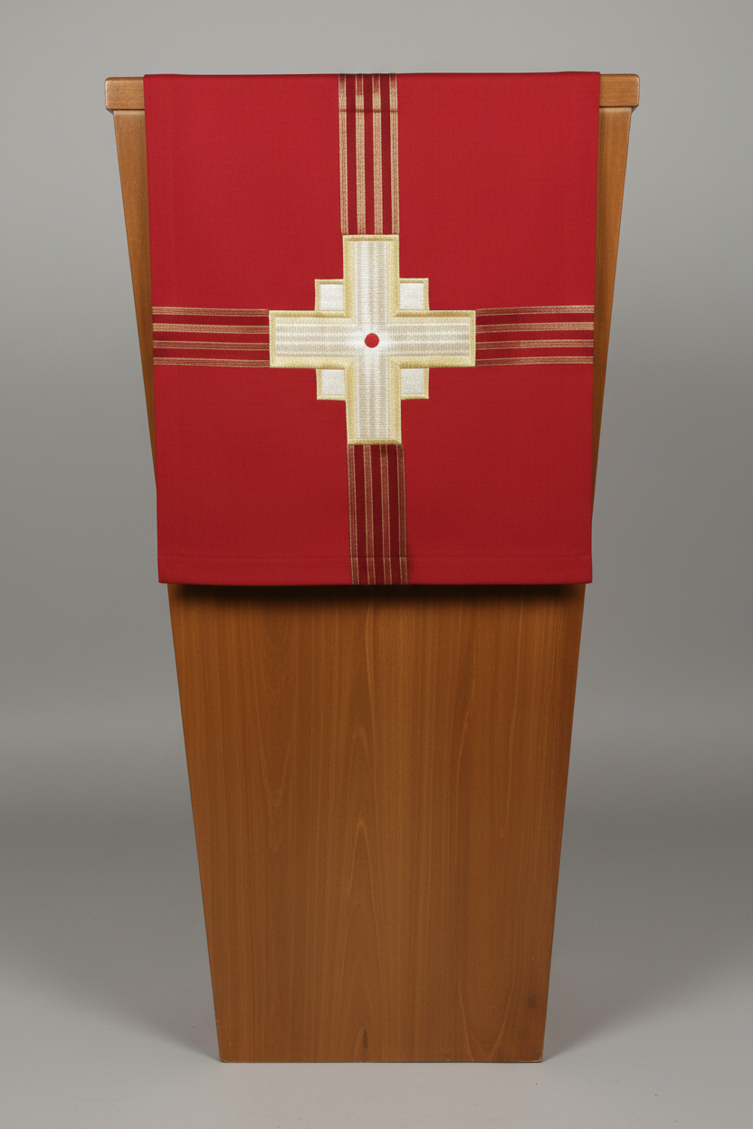 Red fabric with a gold cross on a wooden background