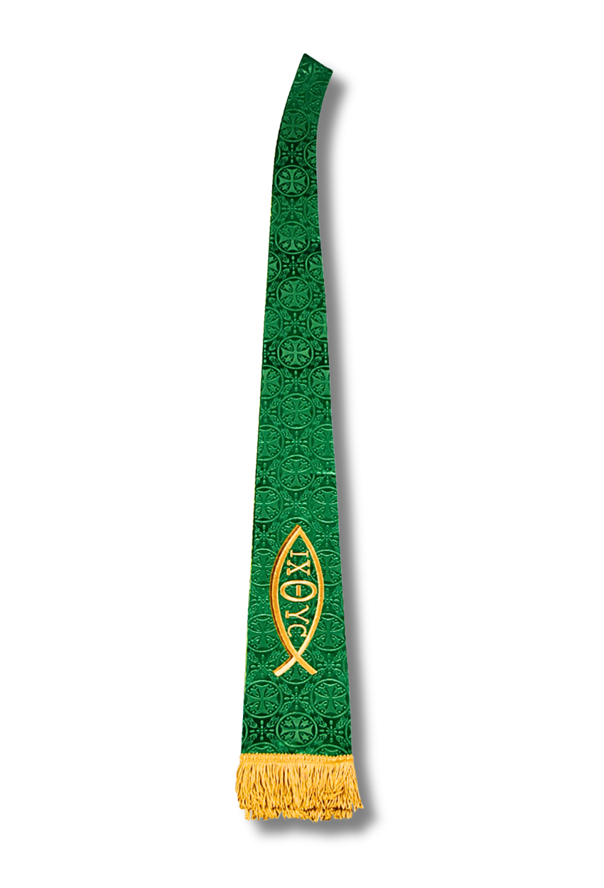 A green liturgical stole with a gold fish symbol and gold fringe at the bottom, shown against a plain white background.