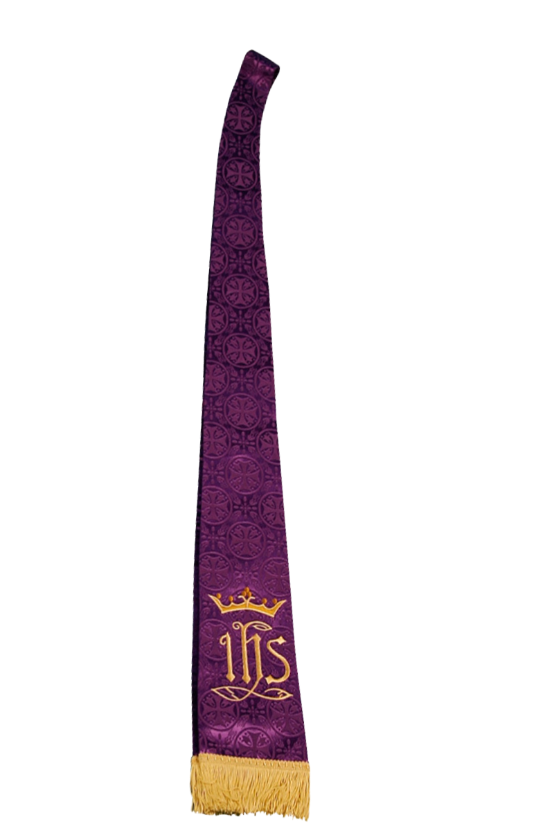 Purple stole with gold fringe and 'IHS' symbol on a white background