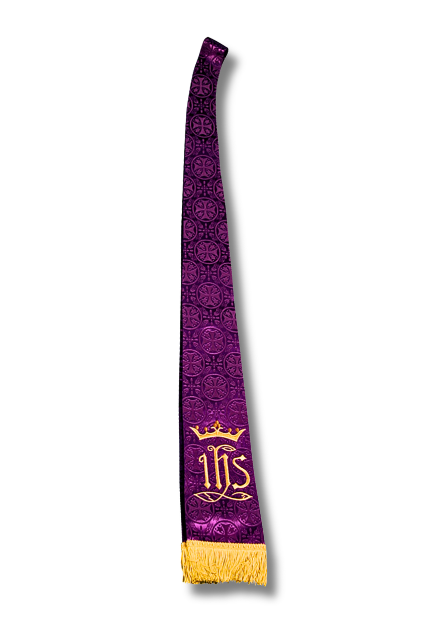 A purple liturgical vestment, likely a scapular or chasuble, featuring a repeating circular pattern, a gold 'IHS' monogram under a crown, and gold fringe at the bottom, shown on a plain white background.