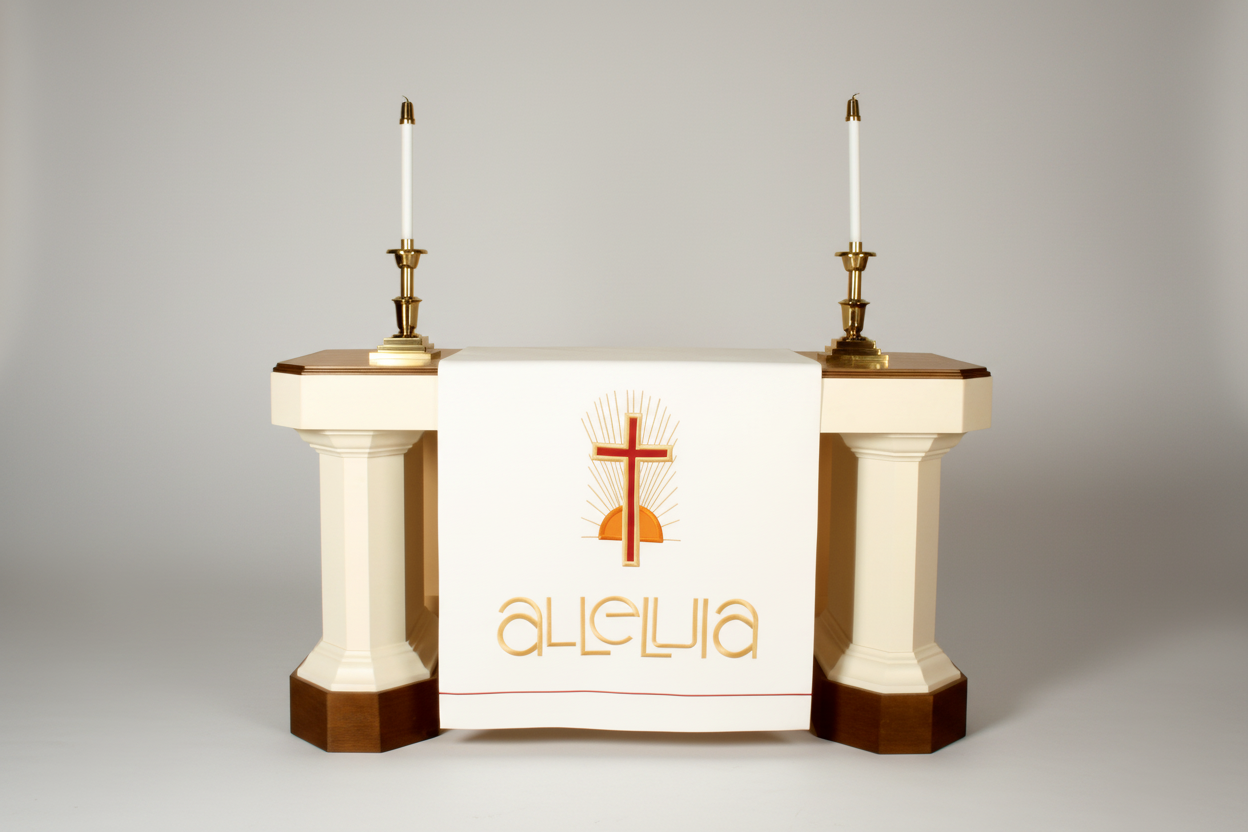 Pulpit with 'Alleluia' text and cross design on a white background