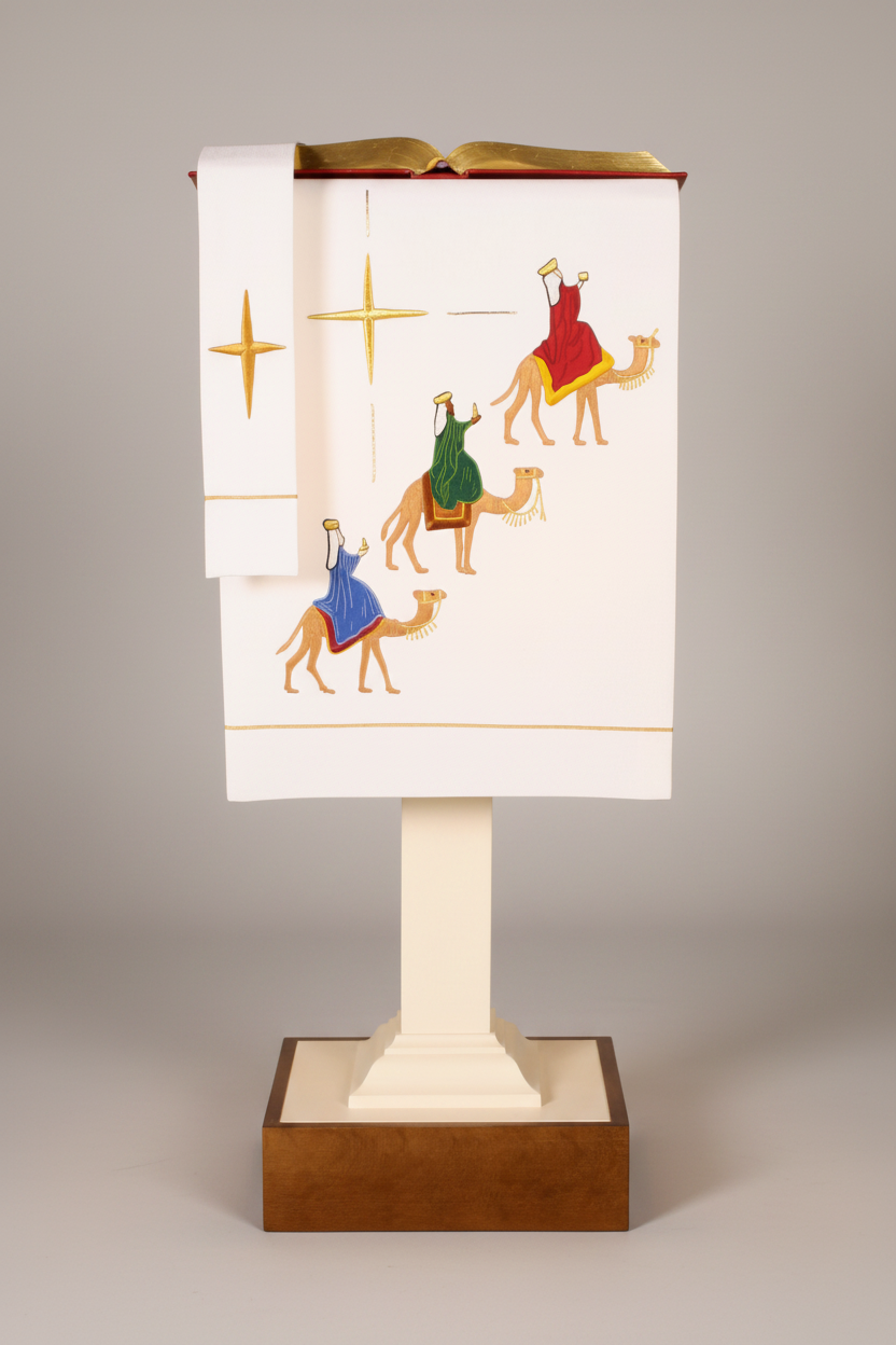 Decorative pulpit cover with three wise men on camels and crosses, on a white background.