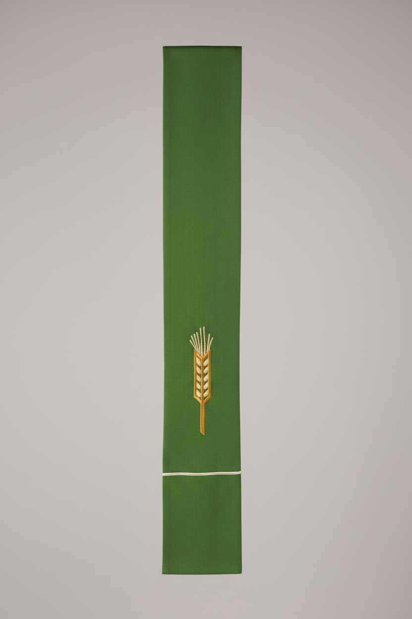 Green fabric bookmark 
with an embroidered design of a wheat stalk on a white background