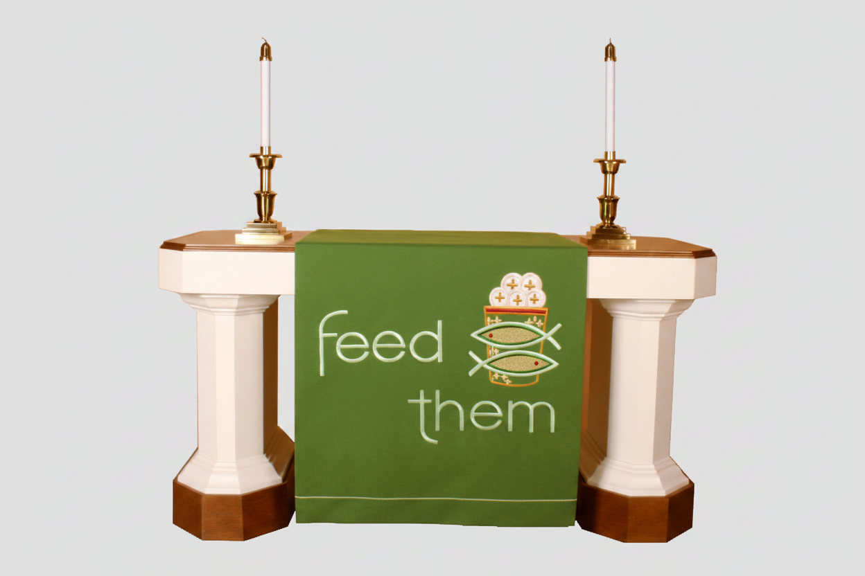 Green altar cloth with 'feed them' text and fish symbol on a white background