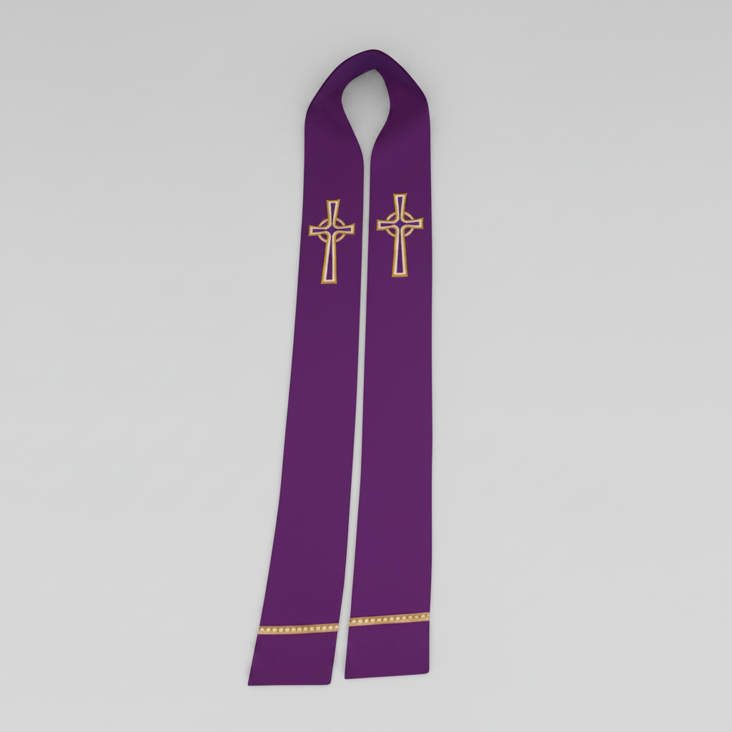 Purple stole with gold crosses on a white background