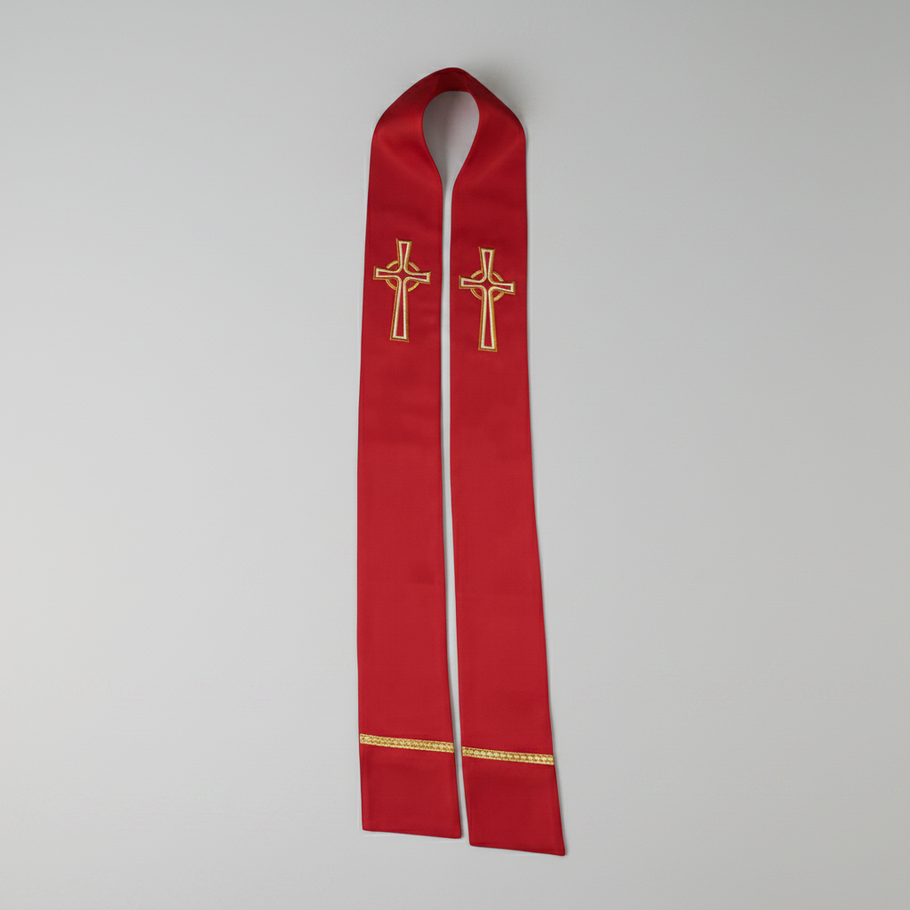 Red stole with gold cross design on a white background
