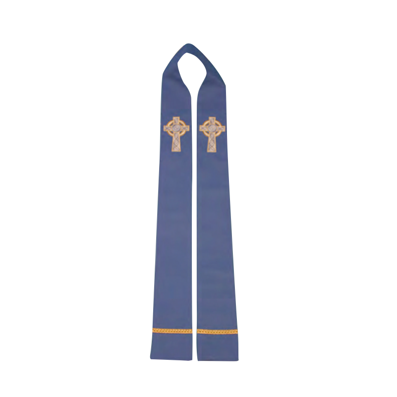 Blue stole with a cross design on a white background