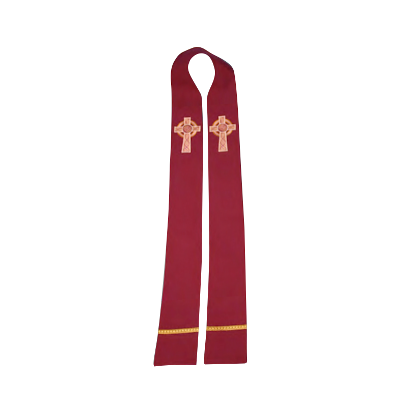 Red stole with gold cross design on a white background