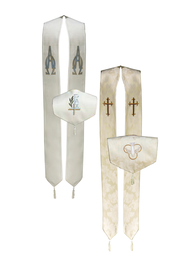 Set of liturgical vestments with crosses and other symbols on a white background
