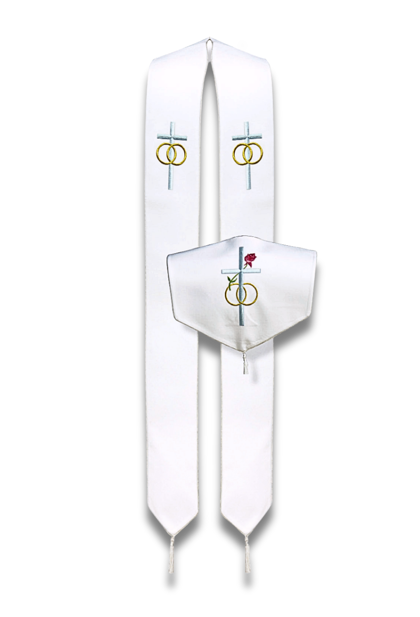 A white Jewish prayer shawl (tallit) set with a matching white cover, featuring embroidered crosses, interlocking gold rings, and a small red rose on a white background.