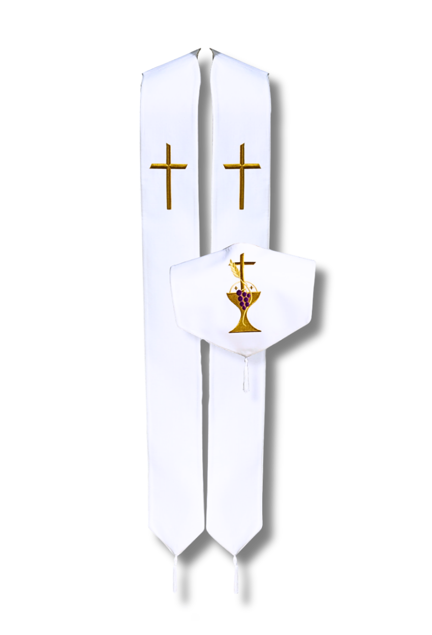 A white priest's chasuble vestment with gold embroidered crosses and a central gold chalice and cross emblem, shown against a plain white background.