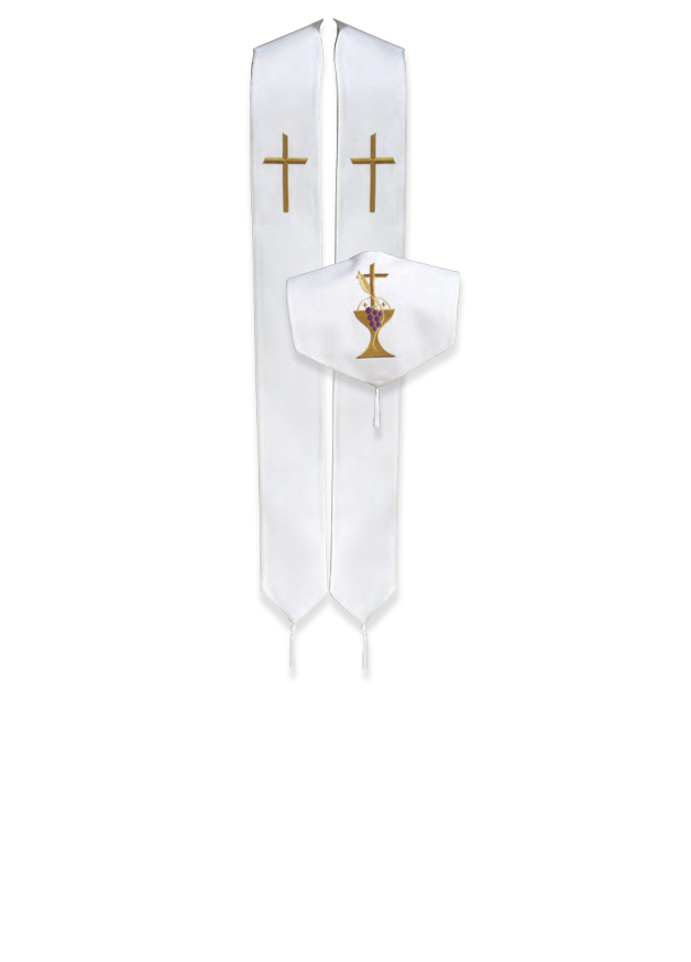 White stole with cross and chalice design on a white background