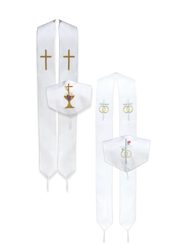 White stole with religious symbols on a white background
