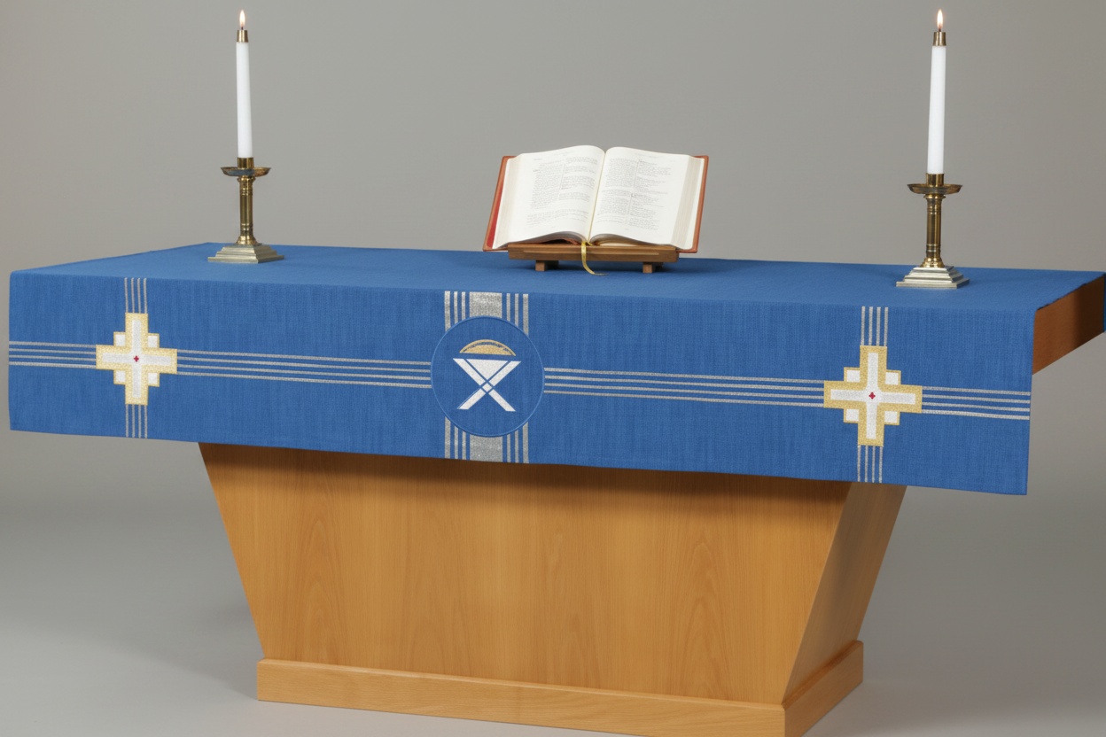 Wooden altar table with a blue cloth featuring a cross symbol, open book, and candles on a white background.