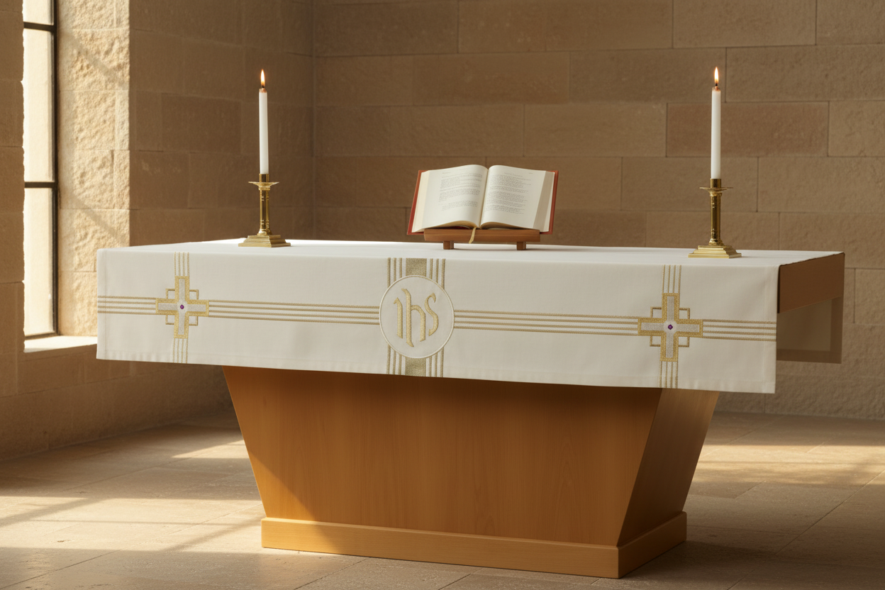 Altar table with a white cloth, open book, and candles on a white background